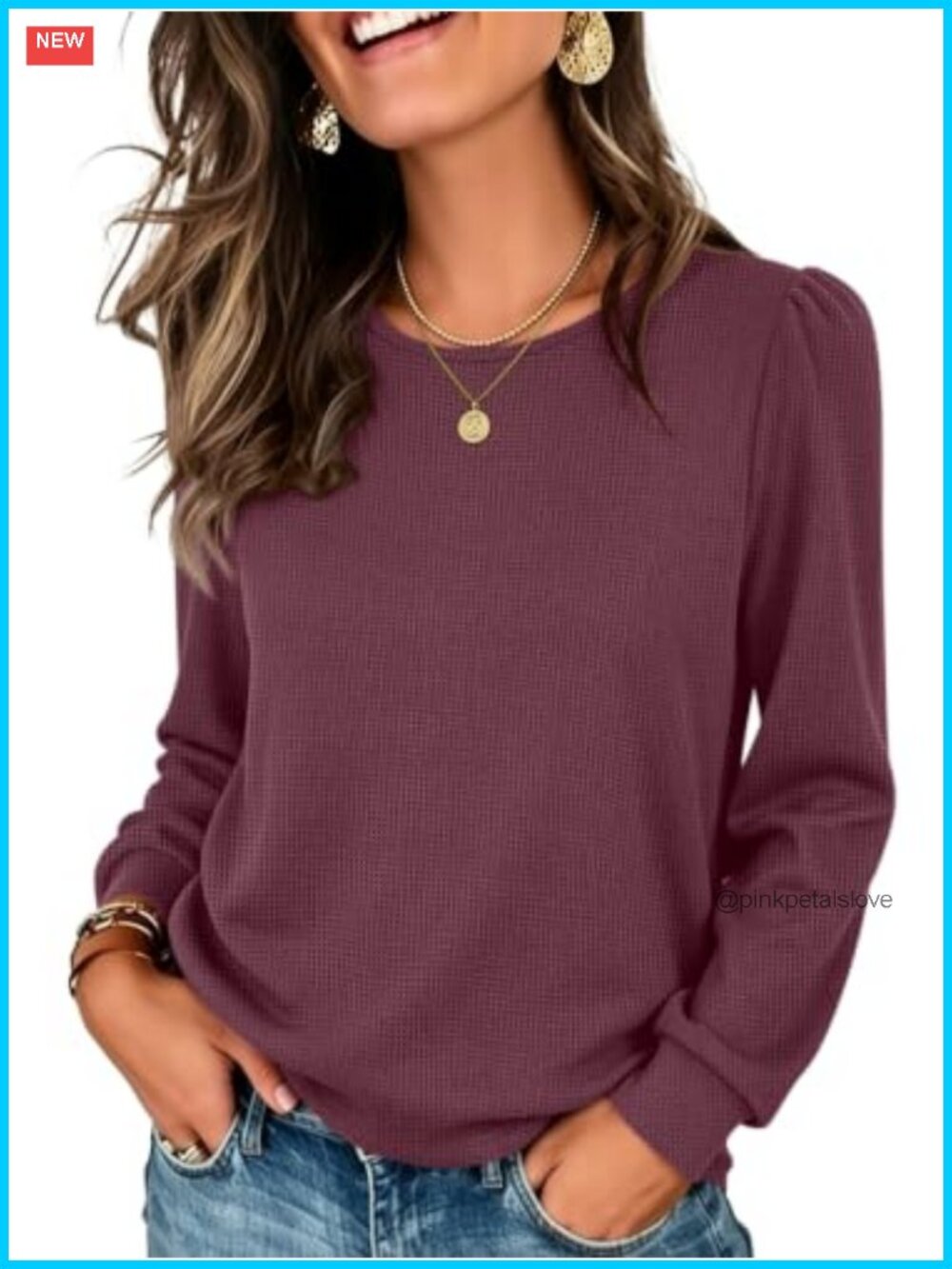 ANRABESS Waffle Knit Long Sleeve Tunic Top Loose Fit Crewneck